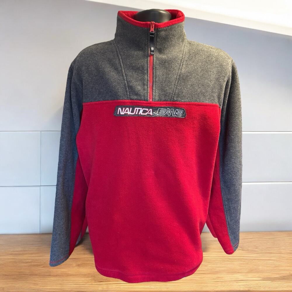 Vintage Nautica Jeans Company Fleece Jacket Adult Large Red Quarter Zip 90s Y2K